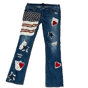 Upcycled Patchwork patriotic Denim Jeans with Heart and Star Designs